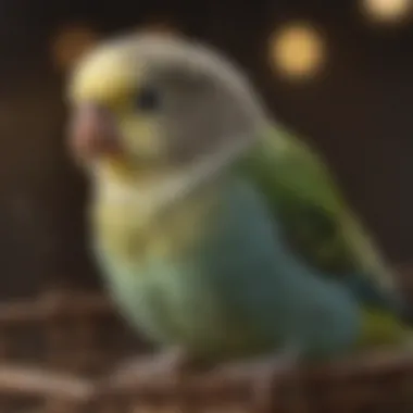 A serene budgerigar in a cozy cage, exemplifying a popular pet bird choice.