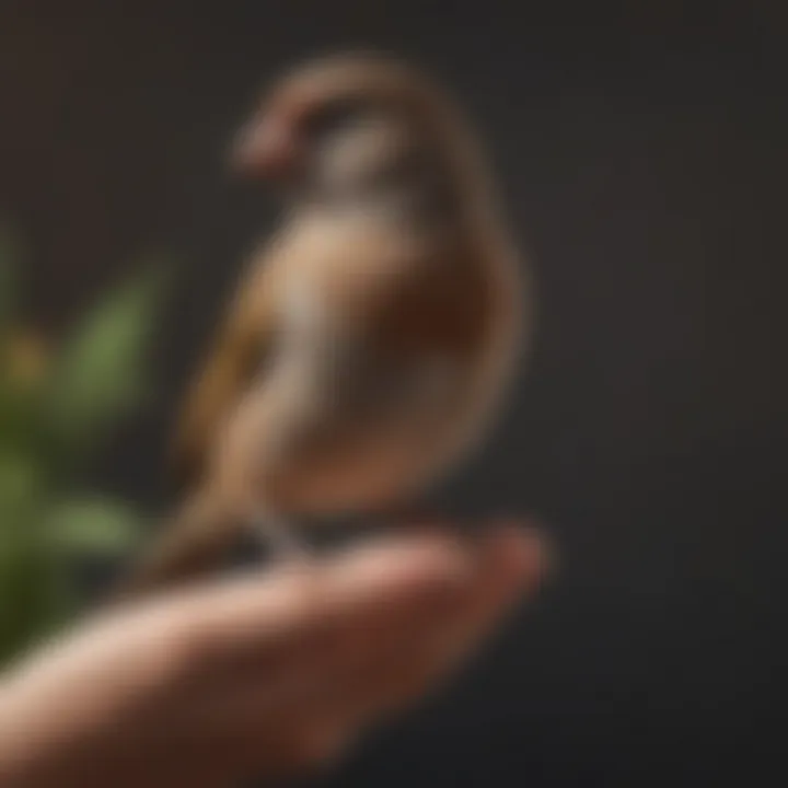 A majestic finch perched on a finger, symbolizing companionship.