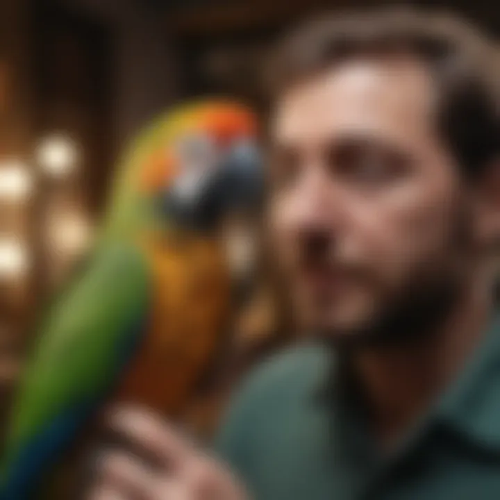 A parrot interacting playfully with its owner