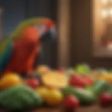 A colorful array of fresh fruits and vegetables suitable for parrot nutrition