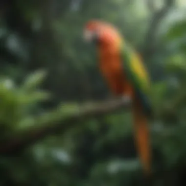 A vibrant parrot perched on a branch surrounded by lush greenery