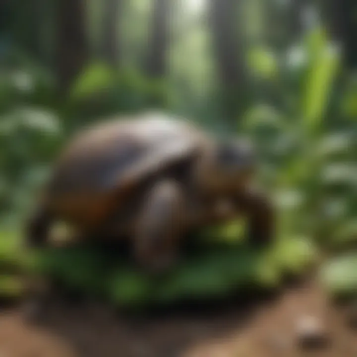 A vibrant tortoise basking in a natural habitat with lush greenery.