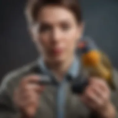 A trainer using a clicker to reinforce positive behavior in a small bird, illustrating effective training techniques.