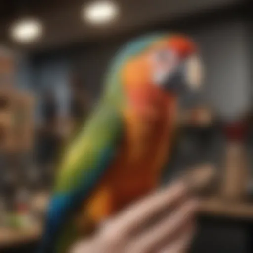 A close-up of a colorful parrot perched on a trainer's finger, showcasing a bond between bird and owner.