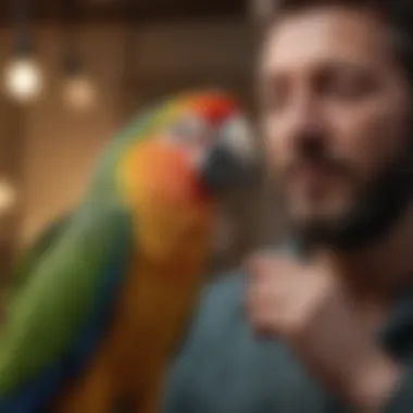 An engaging training session between a parrot and its companion