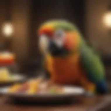 A close-up of a parrot enjoying a diverse and nutritious meal