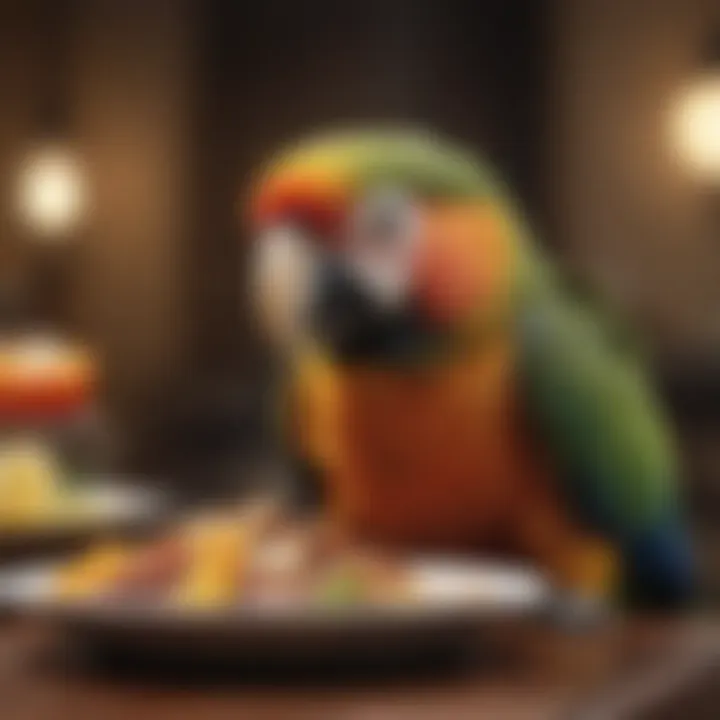 A close-up of a parrot enjoying a diverse and nutritious meal