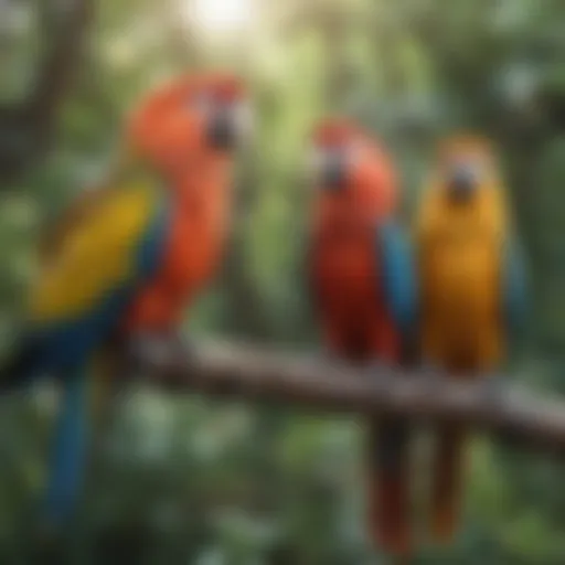 Colorful parrots perched on a branch