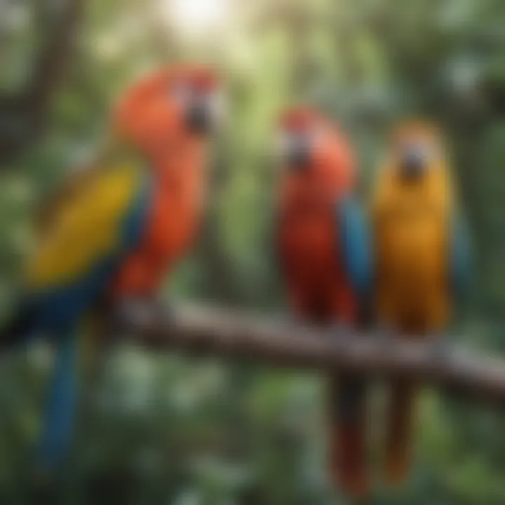 Colorful parrots perched on a branch