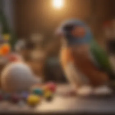 Bird playing with toys in a bright setting