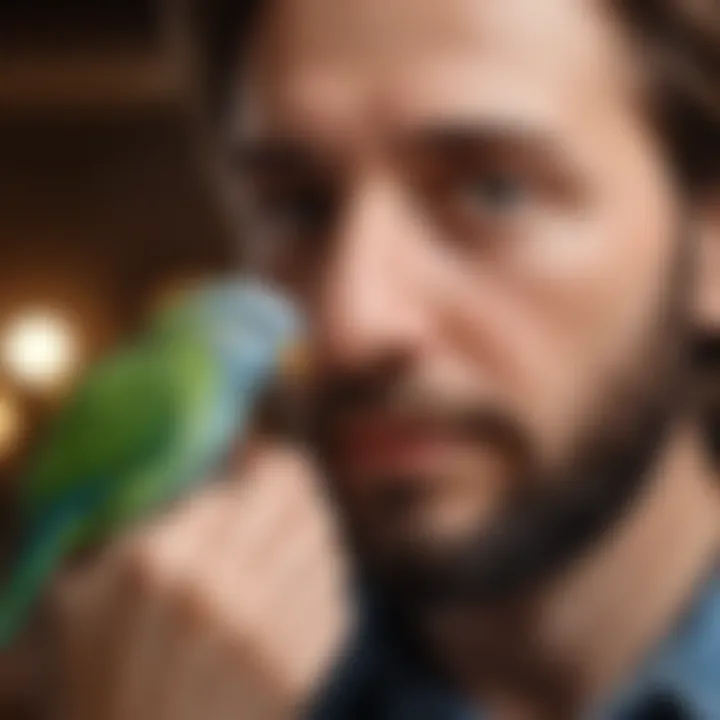 A parakeet engaging with its owner, showcasing social interaction