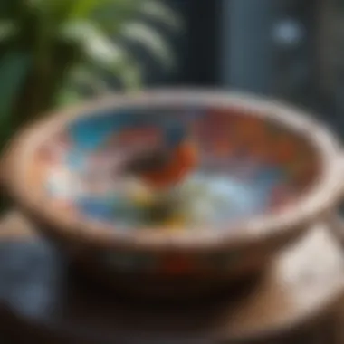 Colorful Ceramic Bird Bath Colorful ceramic bird bath with intricate designs attracting birds.