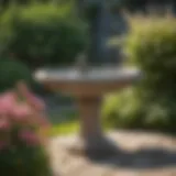 Elegant stone bird bath in a garden setting surrounded by flowers.