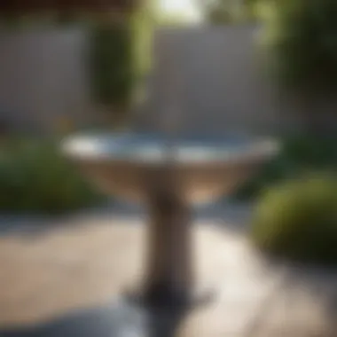 Modern metal bird bath on a patio, showcasing contemporary design.