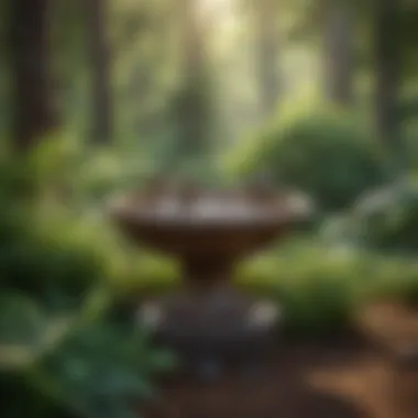 Natural Wooden Bird Bath Natural wooden bird bath nestled among trees and greenery.
