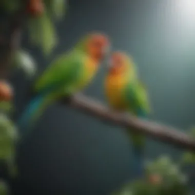 Vibrant Parakeet Companions Colorful parakeets perched on a branch