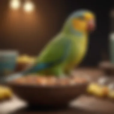 A variety of nutritious foods for parakeets displayed in bowls