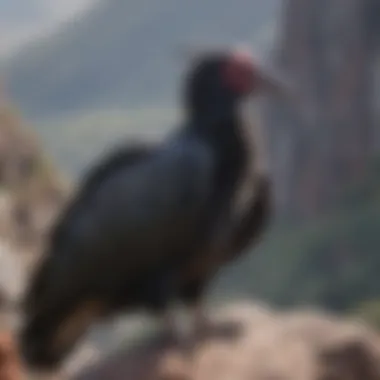 A close-up of an Andean condor perched on a rocky cliff