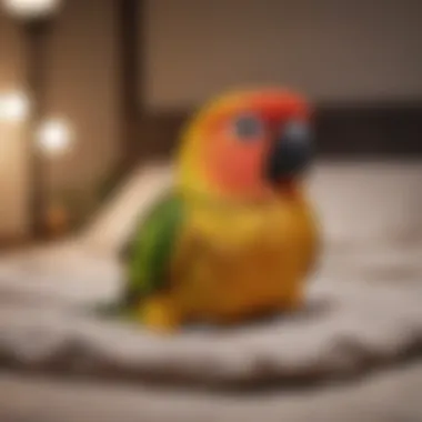 Conure Enjoying a Safe Sleeping Space Conure resting peacefully in a secure bed