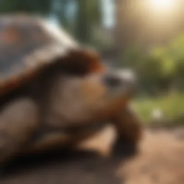 Close-up of tortoise enjoying natural sunlight