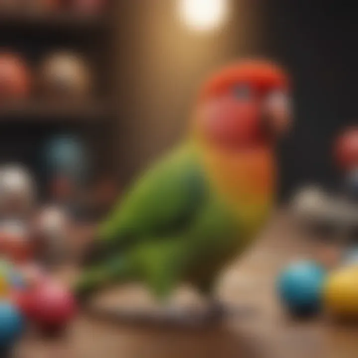 A playful lovebird interacting with a variety of colorful toys.