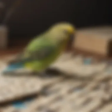 Budgerigars and Word Games A colorful budgerigar interacting with crossword letters