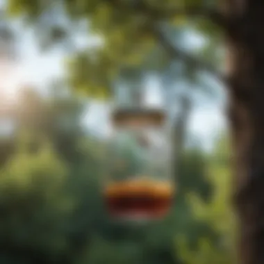 Decorative Jelly Jar Feeder in Nature A beautifully designed jelly jar feeder hanging from a tree branch