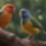 Various species of pet birds interacting