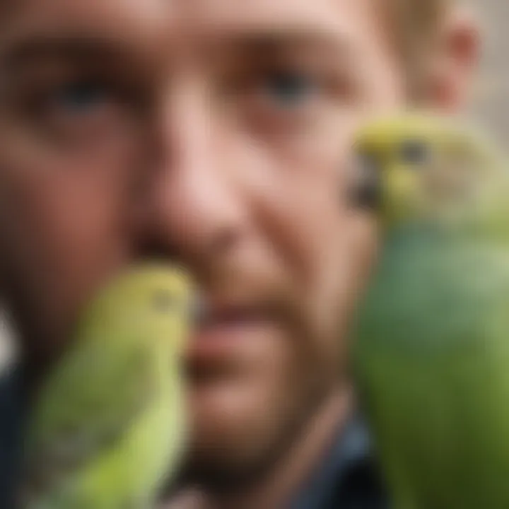 A close-up of a budgerigar interacting with its owner.