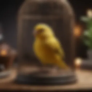 The Melodious Charm of Canaries A serene setting featuring a canary singing in its cage.