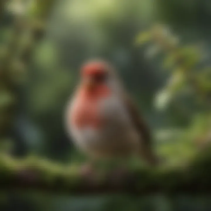 An elegant finch in a cozy aviary, surrounded by lush greenery.