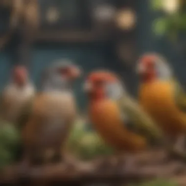Charming Finches in a Lively Aviary Setting Finches in a vibrant aviary