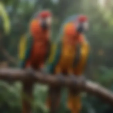 Vibrant Parrots in Their Natural Habitat Colorful parrots perched on a branch