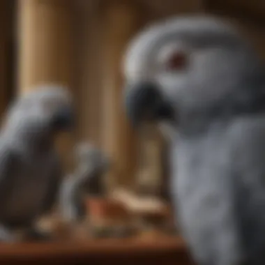 An African grey parrot listening attentively to classical music, with a thoughtful expression.