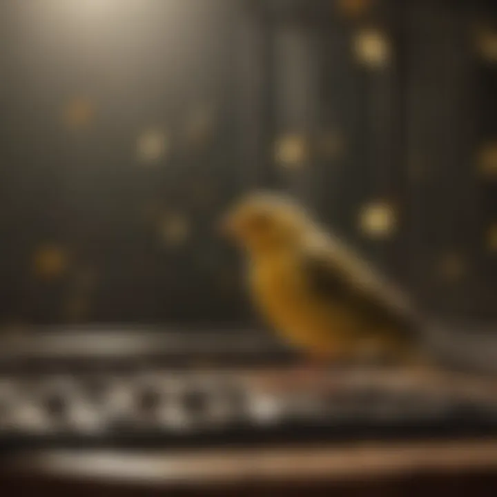 A serene scene of a canary in its cage, with musical notes floating around.