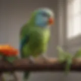 A colorful parakeet perched on a branch, seemingly enjoying music from a speaker.