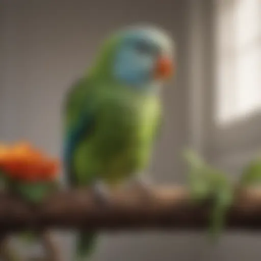 A colorful parakeet perched on a branch, seemingly enjoying music from a speaker.