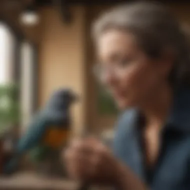 Owner Interacting with Pet Bird An owner interacting with a pet bird, demonstrating training techniques.