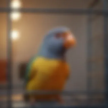 A vibrant pet bird perched happily in a clean cage