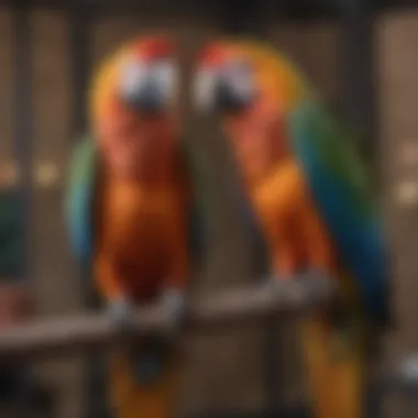 A colorful double macaw inside its cage, demonstrating comfort and playfulness.