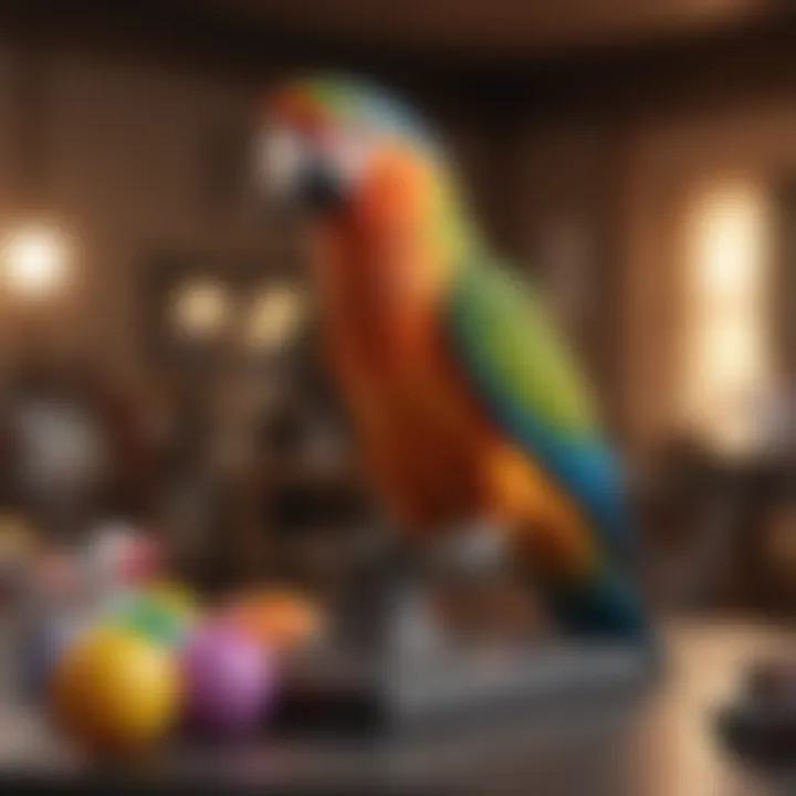 A vibrant parrot perched on a training stand with colorful toys.