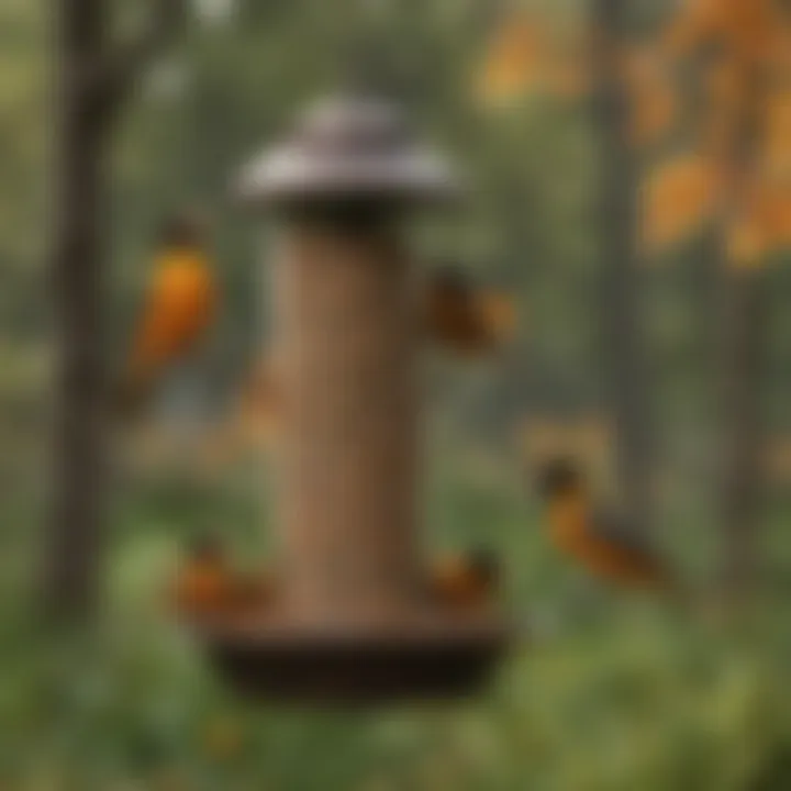 Scenic backyard with multiple feeders attracting various birds