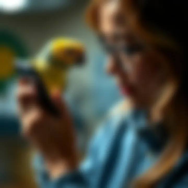 Caregiver Monitoring Bird Location on App A caregiver monitoring a pet bird's location on a smartphone app
