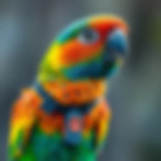 A colorful pet bird wearing a lightweight tracker
