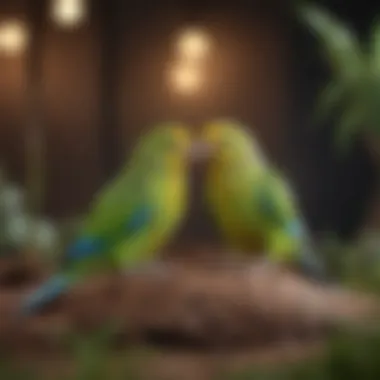 Two parakeets interacting and playing together