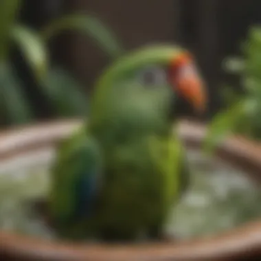 A vibrant green parrot enjoying a refreshing bath in a decorative bird bath.