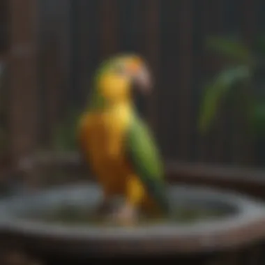 A clean and well-maintained bird bath inside a parrot cage.