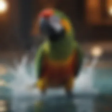 Close-up of a parrot playing in water, showcasing its feathers.