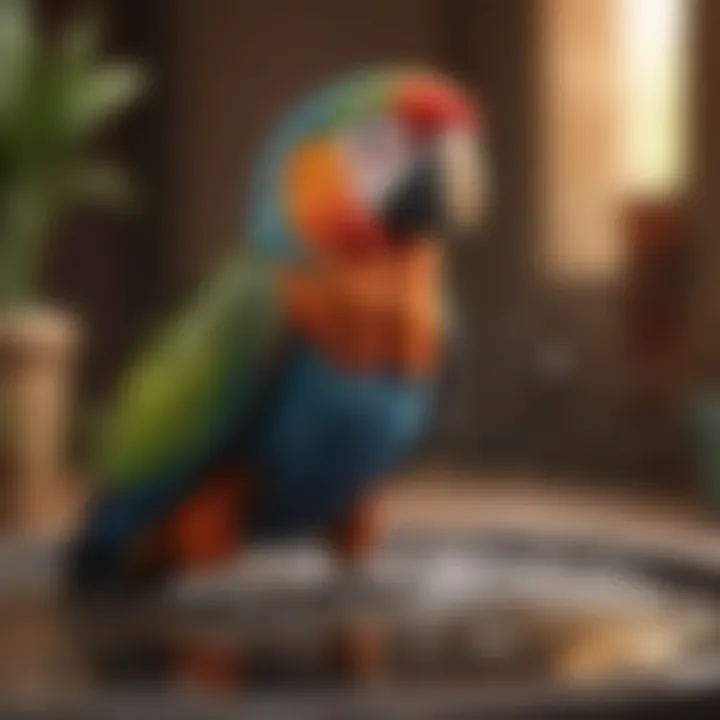 A vibrant parrot enjoying a refreshing bath in a spacious bird bath.