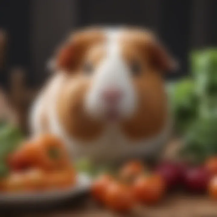 A close-up of a guinea pig enjoying fresh vegetables.